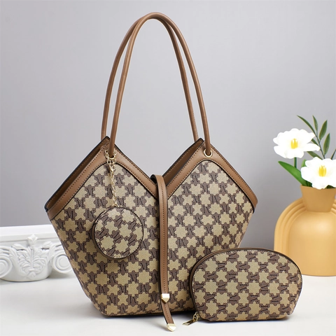 Fashion Monogram M Print Tote Handbag With Makeup Bag And Coin Purse PU Leather Commuter Style For Women