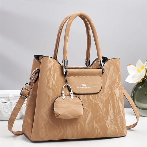 Women Textured PU Leather Tote Handbag With Mini Pouch Large Capacity Versatile Shoulder Bag Street Style