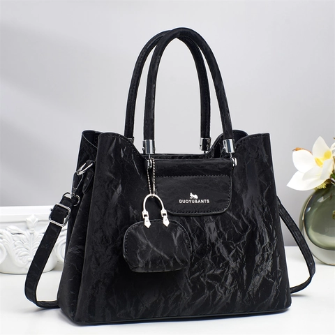 Women Textured PU Leather Tote Handbag With Mini Pouch Large Capacity Versatile Shoulder Bag Street Style