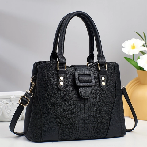 Women Handbag PU Leather Crocodile Pattern Patchwork Large Capacity Shoulder Crossbody Bag Gold Hardware Elegant Tote
