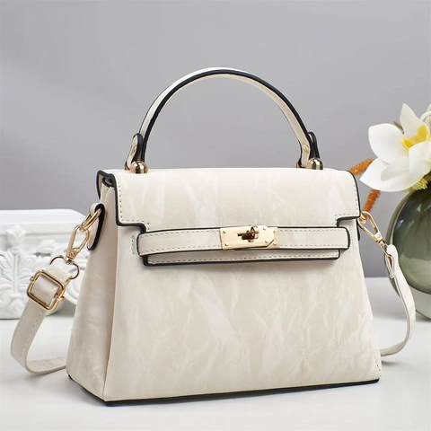 Women Handbag PU Leather Marble Texture Top Handle Detachable Strap Elegant Shoulder Crossbody Bag With Twist Lock
