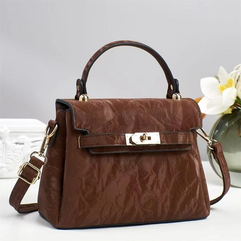 Women Handbag PU Leather Marble Texture Top Handle Detachable Strap Elegant Shoulder Crossbody Bag With Twist Lock