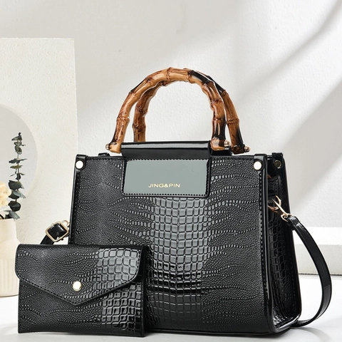 Sac À Main Femme En Cuir PU Gaufré Crocodile Avec Poignée En Bambou Sac Bandoulière Pochette Assortie Style Vintage