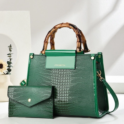 Sac À Main Femme En Cuir PU Gaufré Crocodile Avec Poignée En Bambou Sac Bandoulière Pochette Assortie Style Vintage