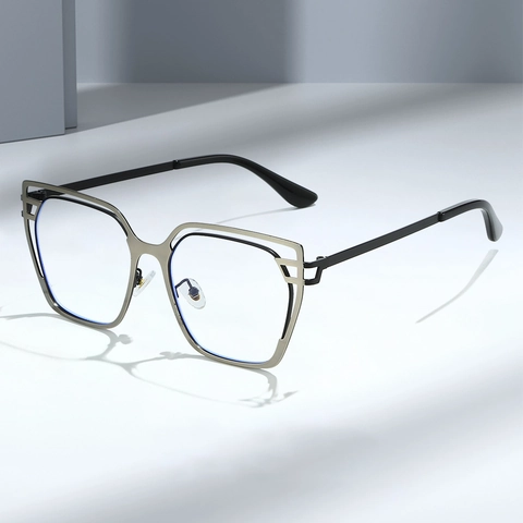 Cat Eye Anti Blue Light Glasses Metal Frame Geometric Double Layer Hollow Fashion Optical Eyewear For Women
