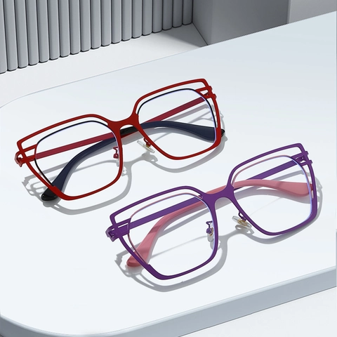 Cat Eye Anti Blue Light Glasses Metal Frame Geometric Double Layer Hollow Fashion Optical Eyewear For Women
