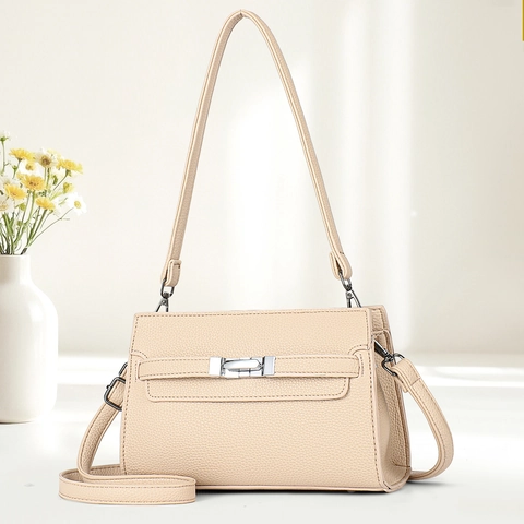 Women Handbag PU Leather Lychee Pattern Crossbody Shoulder Bag With Metal Twist Lock Large Capacity Elegant Tote