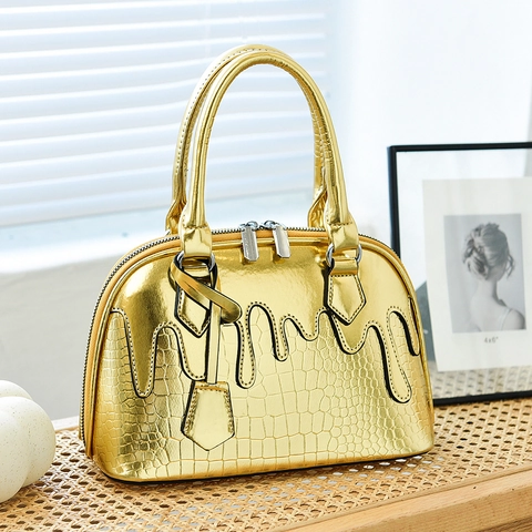 Women PU Leather Handbag Crocodile Pattern Spliced Fluid Dripping Design Shell Shoulder Bag Large Capacity Crossbody