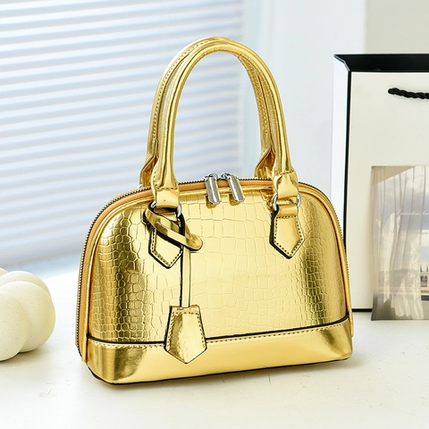Borsa A Mano In Pelle PU Con Motivo Coccodrillo Donna Lucida Borsa A Tracolla Grande Capacità Doppia Cerniera Elegante