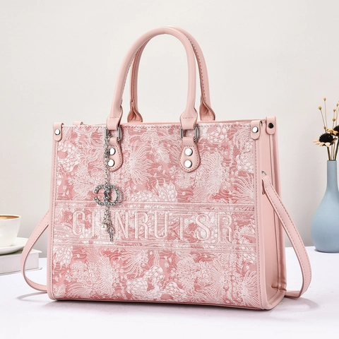 Women Embroidered Fabric PU Leather Tote Bag Large Capacity Handbag Shoulder Bag National Trend Vintage Floral Shopper Bag