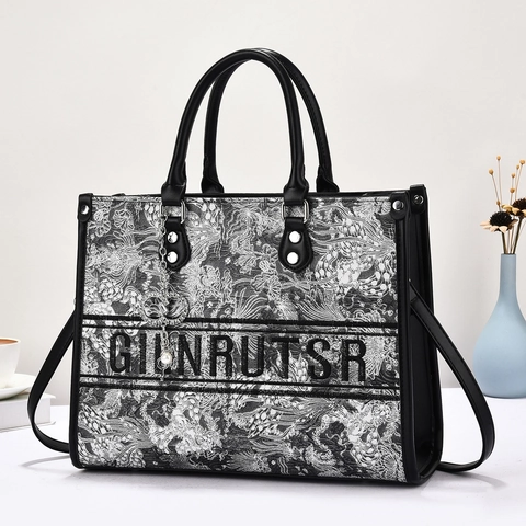 Women Embroidered Fabric PU Leather Tote Bag Large Capacity Handbag Shoulder Bag National Trend Vintage Floral Shopper Bag