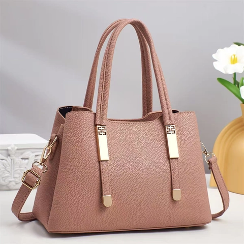 Women Litchi Texture PU Leather Handbag Commuter Large Capacity Shoulder Crossbody Bag Gold Hardware
