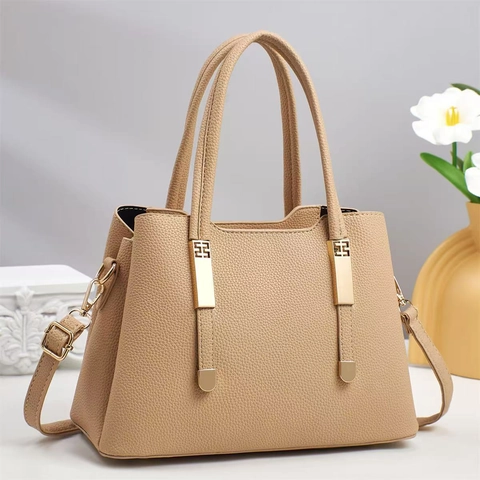 Women Litchi Texture PU Leather Handbag Commuter Large Capacity Shoulder Crossbody Bag Gold Hardware