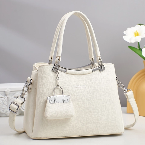 Borsa Da Donna In Pelle PU Con Motivo Litchi A Tracolla Borsa A Spalla Con Mini Ciondolo Tracolla Rimovibile Versatile Semplice