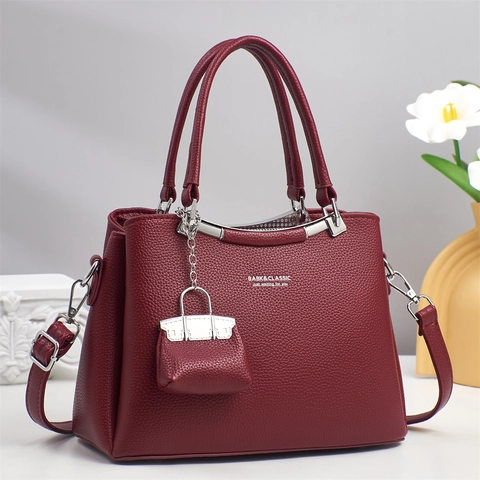 Borsa Da Donna In Pelle PU Con Motivo Litchi A Tracolla Borsa A Spalla Con Mini Ciondolo Tracolla Rimovibile Versatile Semplice