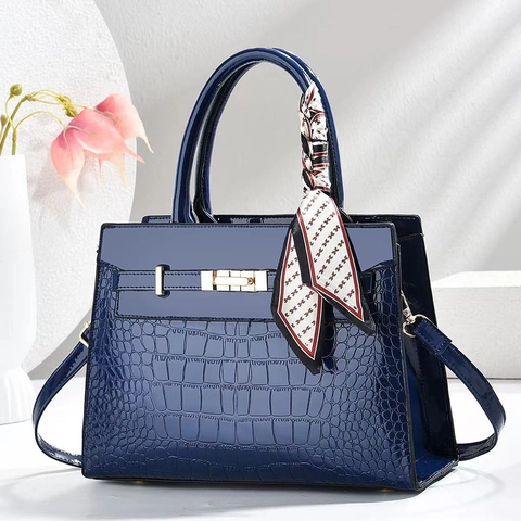 Elegant Crocodile Embossed PU Leather Handbag Women Shoulder Crossbody Bag With Decorative Satin Scarf Gold Lock
