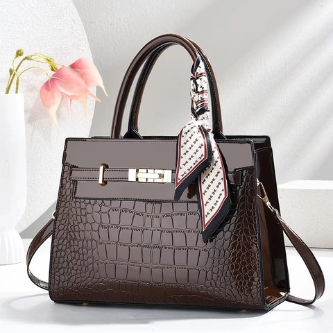 Elegant Crocodile Embossed PU Leather Handbag Women Shoulder Crossbody Bag With Decorative Satin Scarf Gold Lock