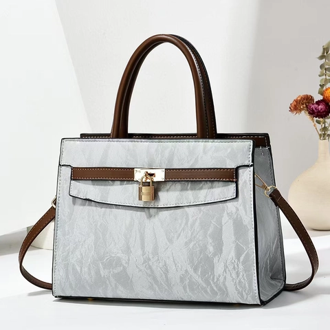 Borsa A Mano Donna Elegante Pelle PU Grande Capacità Trama Increspata Borsa A Tracolla Lucchetto Dorato Manico Contrasto Vintage