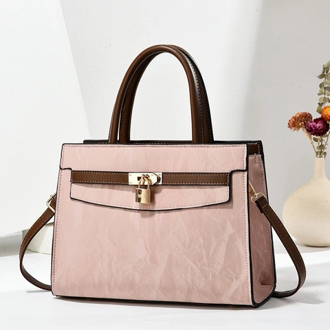 Borsa A Mano Donna Elegante Pelle PU Grande Capacità Trama Increspata Borsa A Tracolla Lucchetto Dorato Manico Contrasto Vintage