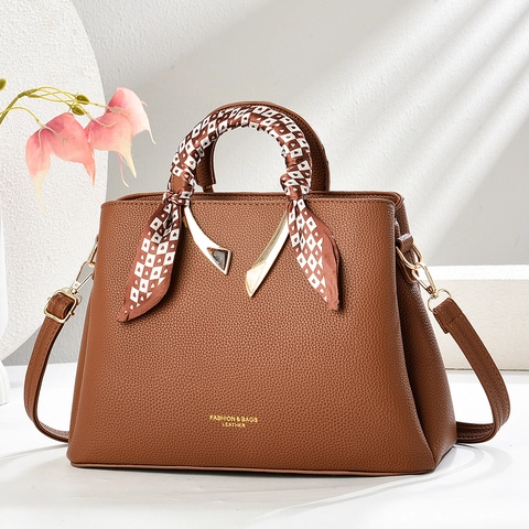 Sac À Main Femmes Texture Litchi Cuir PU Tote Avec Poignée Écharpe En Satin Bandoulière Amovible Mode De Rue Quotidien