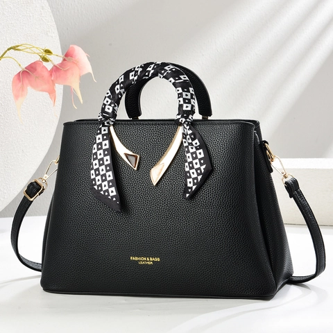 Borsa A Mano Da Donna In Pelle PU Grana Litchi Con Foulard Decorativo Grande Capacità Borsa A Tracolla Moda