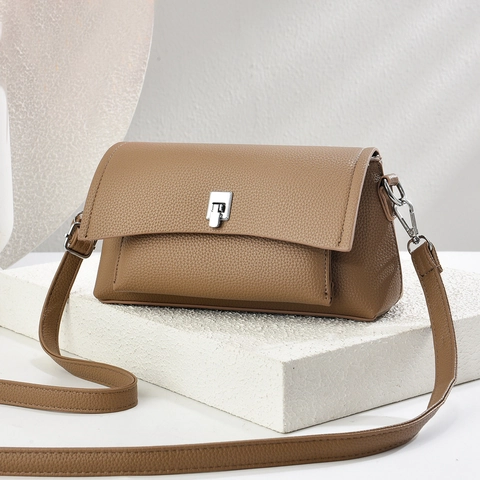 Borsa A Tracolla Donna Trama Litchi Pelle PU Hardware Metallo Argento Patta Quadrata Tendenza Borsa A Spalla Versatile
