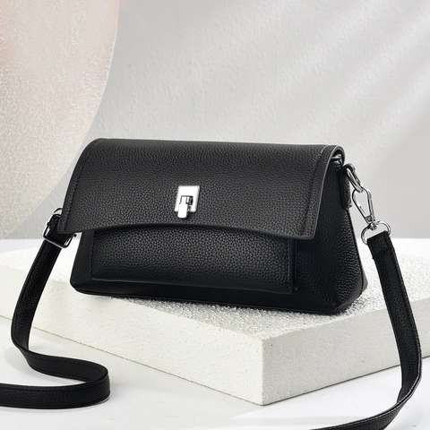 Women Lychee Pattern PU Leather Shoulder Bag Elegant Minimalist Small Square Crossbody Bag With Silver Metal Lock