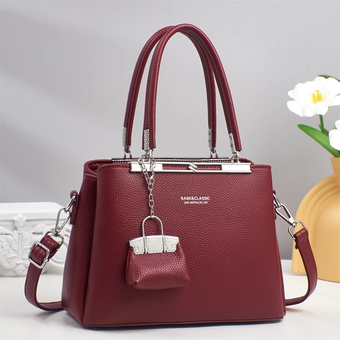 Women Handbag PU Leather Lychee Pattern Top Handle Crossbody Bag With Mini Charm Elegant Commuter Office Gift
