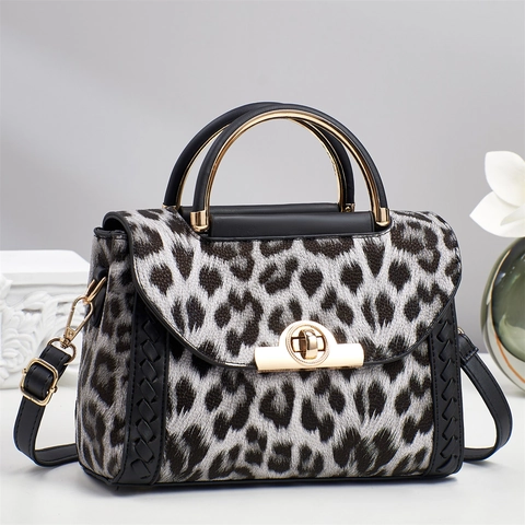 Leopard Print PU Leather Faux Fur Texture Crossbody Bag Metal Handle Twist Lock Detachable Shoulder Strap Handbag
