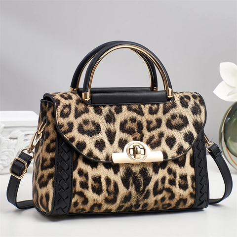 Sac Bandoulière Femme Tendance Imprimé Léopard en Cuir PU Sac à Main Poignée en Métal Doré Bandoulière Réglable Petit Sac Carré
