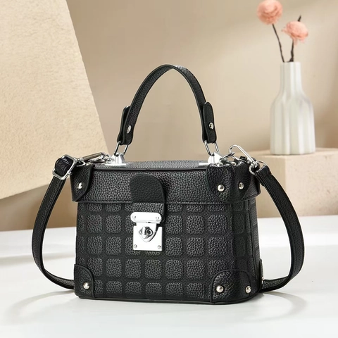 Women PU Leather Box Handbag Vintage Litchi Pattern Top Handle Crossbody Bag Silver Hardware Metal Lock Elegant