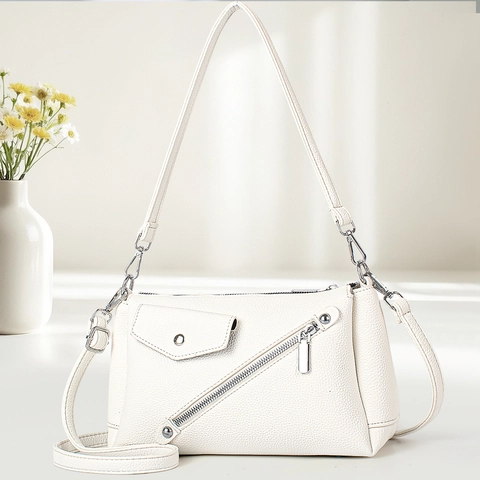 Women Crossbody Bag PU Leather Lychee Pattern Large Capacity Chic Multi-Compartment Minimalist Trendy Shoulder Bag Adjustable Strap