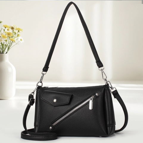 Women Crossbody Bag PU Leather Lychee Pattern Large Capacity Chic Multi-Compartment Minimalist Trendy Shoulder Bag Adjustable Strap