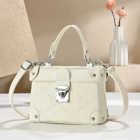 Elegant Women Box Trunk Handbag Litchi Pattern PU Leather Embossed Shoulder Crossbody Bag With Silver Lock