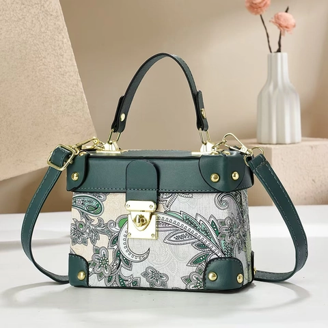 Retro Paisley Print Box Handbag For Women PU Leather Crossbody Bag With Detachable Strap And Gold Lock