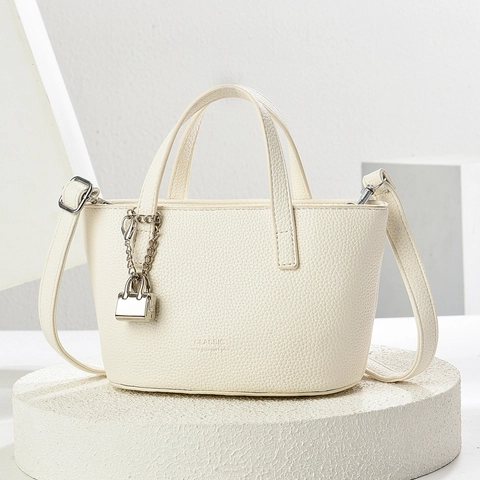 Women Korean Style Lychee Pattern PU Leather Tote Handbag With Metal Lock Charm And Detachable Shoulder Strap Simple