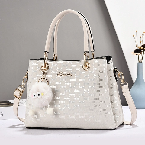 Women Fashion Handbag PU Leather Embossed Monogram Large Capacity Shoulder Crossbody Bag With Fur Ball Charm Elegant