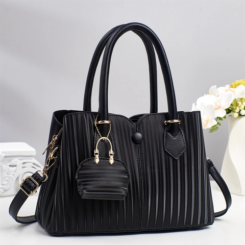 Women Handbag PU Leather Vertical Pleated Shoulder Bag Large Capacity Office Commute Elegant With Mini Purse Charm