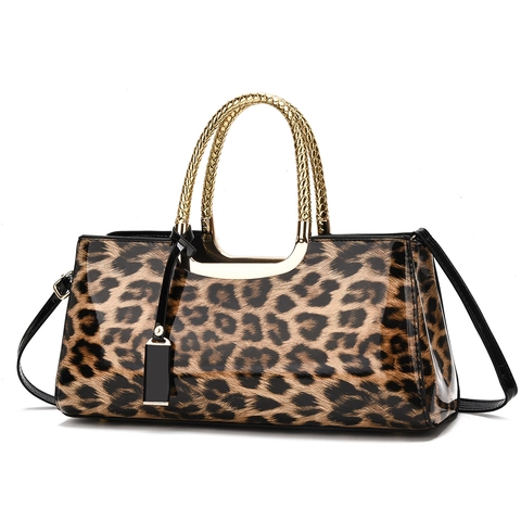 Leopard Print Patent PU Handbag Gold Metal Braided Handle Fashion Crossbody Bag For Women Trendy
