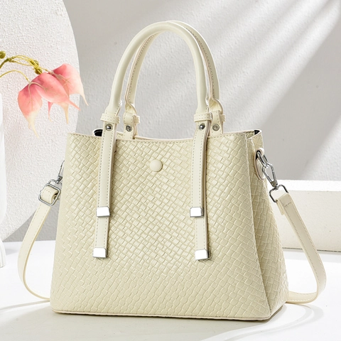 Women Fashion Handbag PU Leather Woven Texture Large Capacity Commuting Crossbody Bag Top Handle Elegant Simple Solid Color