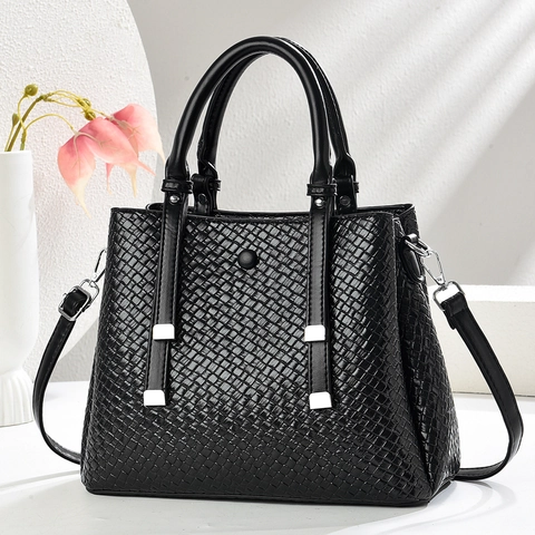 Women Fashion Handbag PU Leather Woven Texture Large Capacity Commuting Crossbody Bag Top Handle Elegant Simple Solid Color