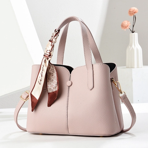 Women Litchi Grain PU Leather Handbag With Satin Scarf Decor Elegant Fashion Shoulder Crossbody Bag For Ladies Versatile