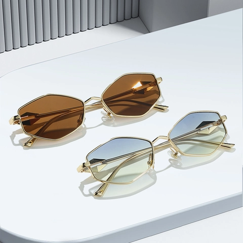 Zeshoekige Polygoon Zonnebril Metalen Frame UV400 Bescherming Geometrische Diamanten Poten Mode Retro Trendy Brillen Unisex