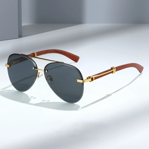 Gafas De Sol Aviador Sin Montura Con Patillas De Grano De Madera Metal Dorado Doble Puente UV400