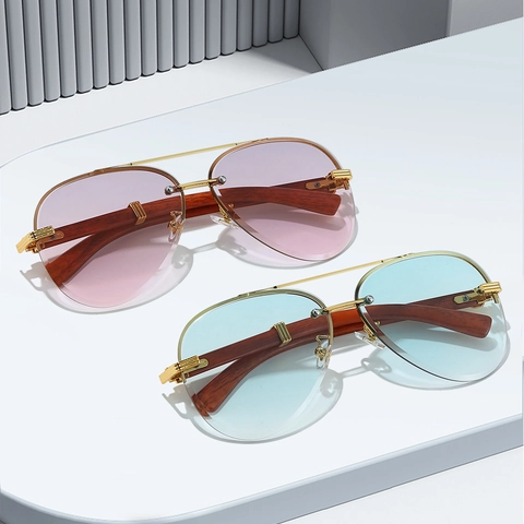Gafas De Sol Aviador Sin Montura Con Patillas De Grano De Madera Metal Dorado Doble Puente UV400