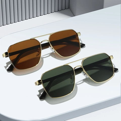Aviator Sunglasses For Men Metal Square Frame Double Bridge UV400 Protection Fashion Retro Outdoor Driving Eyewear