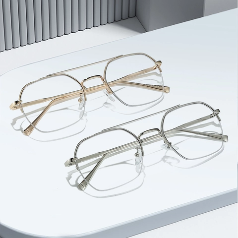Occhiali Anti Luce Blu Montatura In Metallo Poligono Irregolare Doppio Ponte Lenti Trasparenti Leggero Retro Unisex