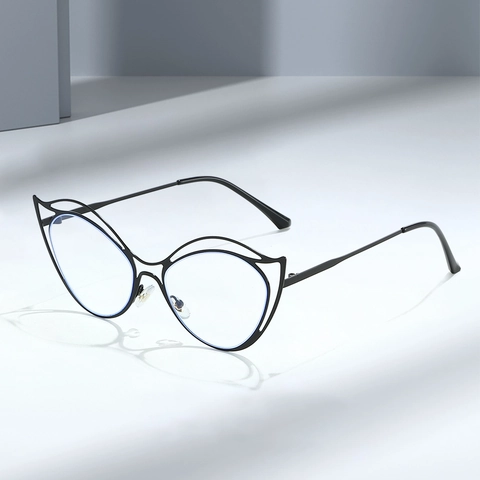 Montura Occhiali Cat Eye Da Donna Metallo Irregolare Doppio Ponte Anti Luce Blu Svuotato Design Ottico Moda