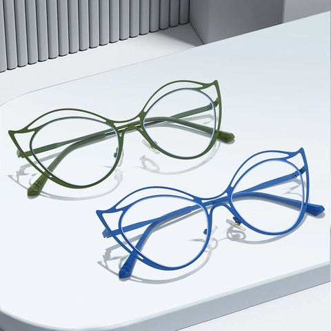 Montura Occhiali Cat Eye Da Donna Metallo Irregolare Doppio Ponte Anti Luce Blu Svuotato Design Ottico Moda
