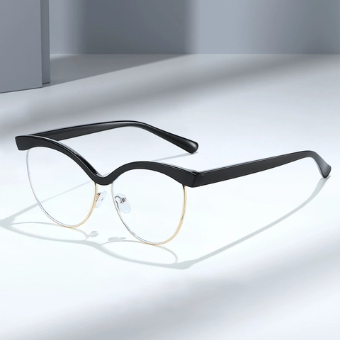 Occhiali Da Vista Donna Occhio Di Gatto Anti Luce Blu Mezza Montura PC Metallo Design Ondulato Moda Lenti Chiare